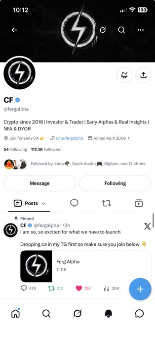 A screenshot of an Instagram post from the account '@fergalpha' (CF) with a bio reading 'Crypto since 2016 | Investor & Trader | Early Alphas & Real Insights | NFA & DYOR', promoting a launch in their Telegram group.