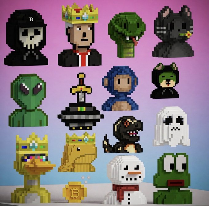 A collection of voxel-style 3D character busts featuring various pop culture figures, including a grim reaper, a king, snakes, cats in hoodies, a wizard, a UFO, and characters holding Bitcoin.
