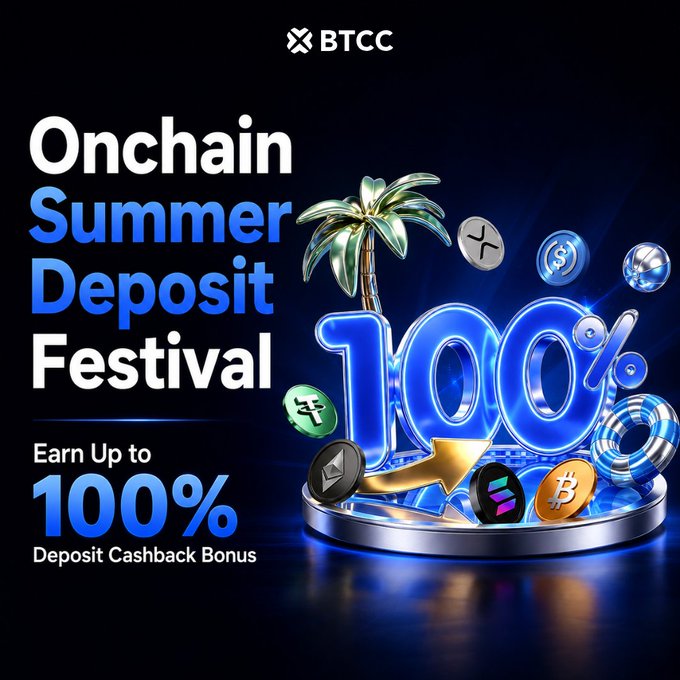 A promotional graphic for BTCC's "Onchain Summer Deposit Festival" advertises up to 100% deposit cashback bonus, featuring 3D neon-blue "100%" lettering, a palm tree, and various crypto coin icons (XRP, USDC, BCH, ETH, SOL, BTC). The image aligns with the post highlighting BTCC's limited 100% cashback bonus offer for US-region users.