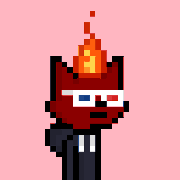 A pixel art character with a flaming head and 3D glasses (resembling an anaglyph image) against a pink background, used as promotional artwork for a Meowz NFT giveaway offering 20 freemint spots to celebrate the collection of 5,555 cats on Robinhood.