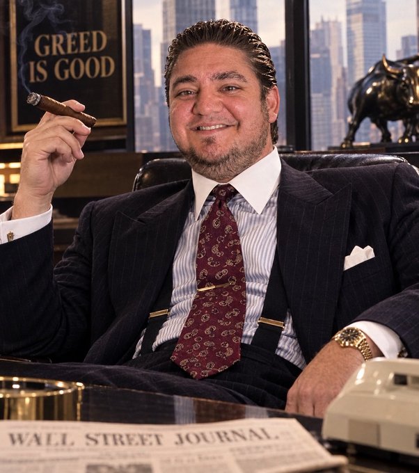A man in a suit and tie smiles while holding a cigar, seated at a desk with a 'Wall Street Journal' newspaper, framed by a 'GREED IS GOOD' poster and a bronze bull statue.