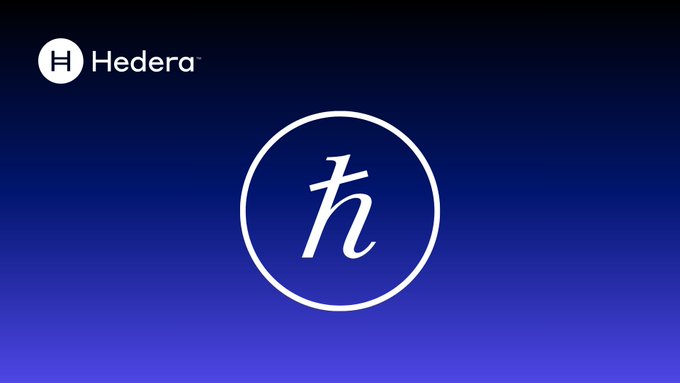 The image displays the Hedera logo in the top left corner alongside a stylized lowercase "ℏ" symbol encircled, representing the reduced Planck constant from quantum physics, which the post explains is the inspiration behind the HBAR ticker name rather than the visual bars in Hedera's logomark.