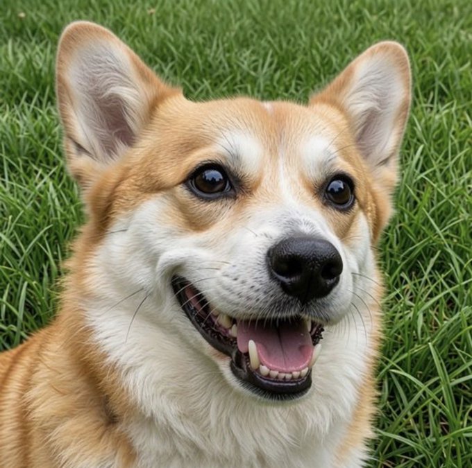 A close-up portrait of a smiling Shiba Inu dog with its mouth open, sitting in bright green grass.
