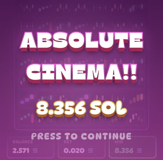 A "Absolute Cinema!!" slot-style win screen celebrates a big Solana payout, displaying "8.356 SOL" prominently with a win of 8.356 SOL on a 0.020 SOL bet. The image ties into the crypto gambling/gaming culture on Solana, matching the bullish enthusiasm of the "GM GM I LOVE @solana" post.