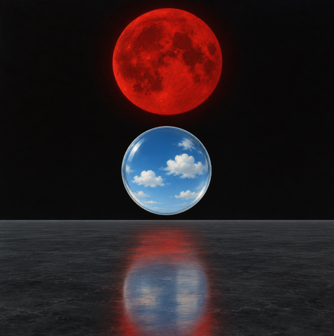 A surreal digital scene shows a red moon above a glossy blue sphere containing clouds, both reflected on a dark ocean surface.