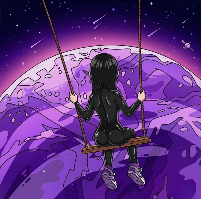 An anime-style illustration of a person in a black catsuit sitting on a wooden swing, facing away from the viewer toward a large purple planet with stars and meteors in the sky.
