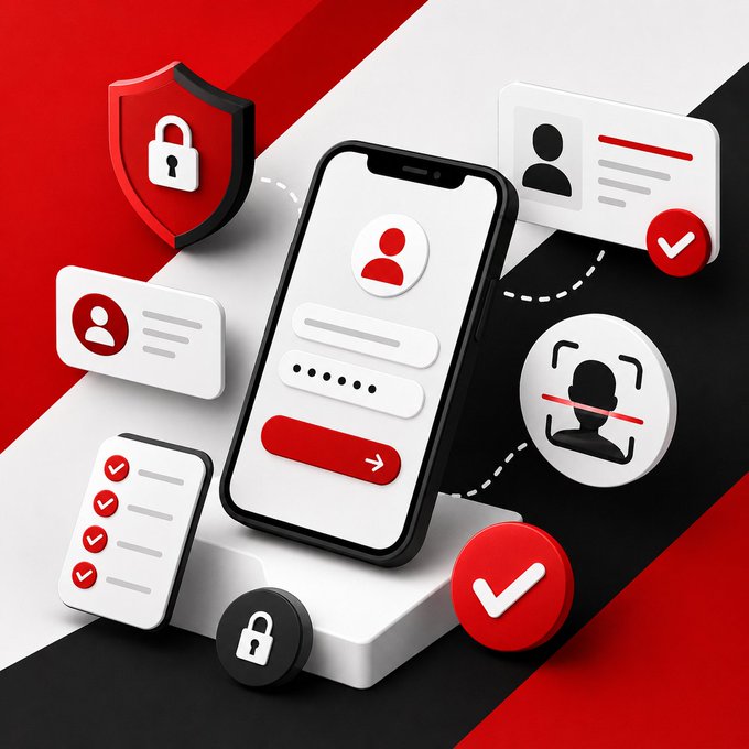 A 3D isometric illustration featuring a smartphone displaying a login screen with a red user icon and password field, surrounded by floating security-related icons including a shield with a padlock, ID cards, and checkmarks on a red, white, and black background.