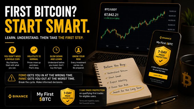 A Binance promotional graphic titled "FIRST BITCOIN? START SMART" advertises a "7-DAY PRICE PROTECTION" for new users, showing BTC/USDT trading charts and a checklist of advice.