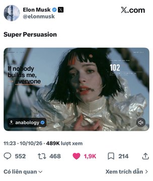 A tweet by Elon Musk (@elonmusk) titled "Super Persuasion" showing an image of a person with text "If nobody builds me, everyone" and a view count of 102, with 552 replies, 468 retweets, 1.9K likes, and 214 bookmarks.