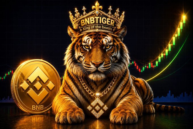 A digital artwork featuring a tiger wearing a golden crown with the text 'BNBTIGER King of the beasts', accompanied by a golden BNB cryptocurrency coin and an upward-trending stock chart.