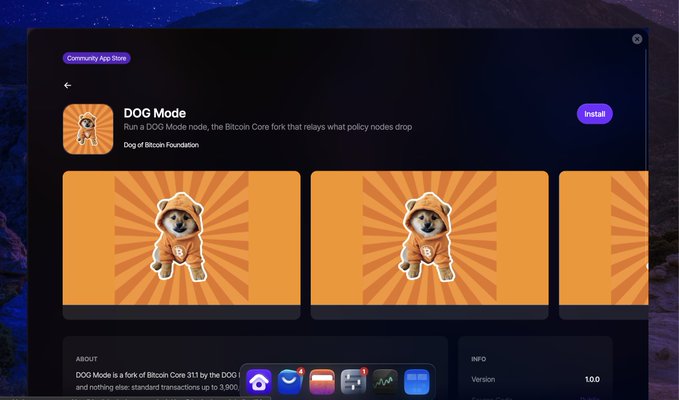 A screenshot of the Umbrel Community App Store featuring the DOG Mode app, described as a Bitcoin Core fork that relays what policy nodes drop, with the caption noting the $DOG community testing the new integration on Umbrel.
