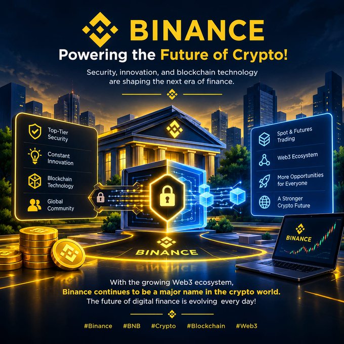 A promotional graphic for Binance titled "BINANCE - Powering the Future of Crypto!" featuring a classical building, glowing security locks, gold coins, and text highlighting features like "Top-Tier Security," "Web3 Ecosystem," and "Spot & Futures Trading," along with hashtags #Binance #BNB #Crypto #Blockchain #Web3.