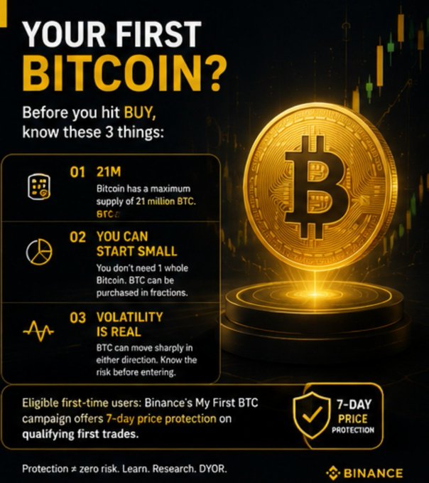 A Binance promotional infographic titled 'YOUR FIRST BITCOIN?' explaining 21M supply cap, fractional purchases, and volatility with a 7-day price protection offer.