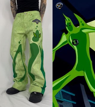 Photo of a person wearing light green baggy pants with dark green abstract patterns and a small alien head logo, paired with a separate image of a green alien creature with a BMW logo on its forehead.