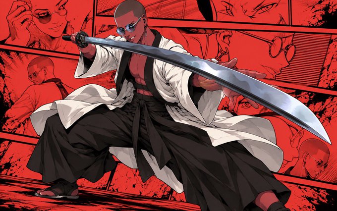 A bald warrior in sunglasses and traditional robes wields a massive blade in a dynamic, manga-style action pose against a striking red background. The image's bold, confrontational energy complements the post's "GM" (Good Morning) challenge, projecting a fierce, ready-to-fight attitude that fits the meme's call for engagement.