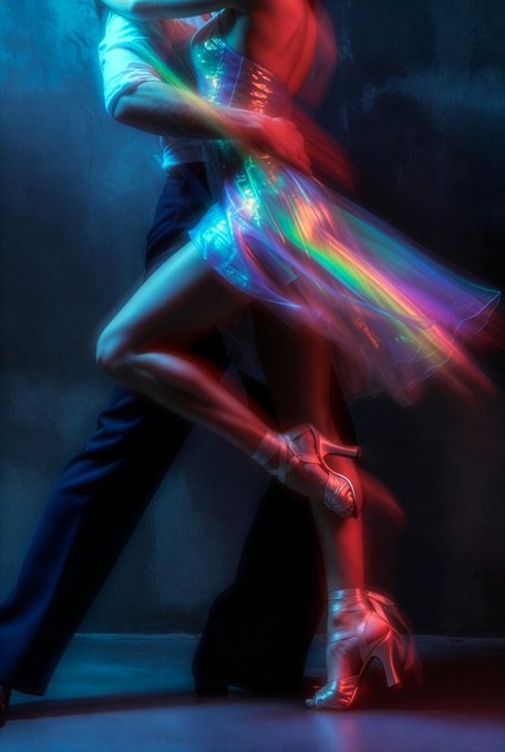 A dynamic photograph captures a couple dancing tango, with the woman's flowing skirt painted in vibrant streaks of red, green, and blue light against a dark, smoky background.