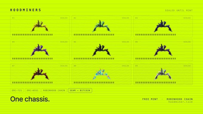 A bright neon-green grid-style webpage from 'HOODMINERS' displaying nine abstract helmet/chassis designs labeled R1-R9, with text 'One chassis.', 'SEAM - BITCOIN', and 'FREE MINT' on the Robinhood Chain.