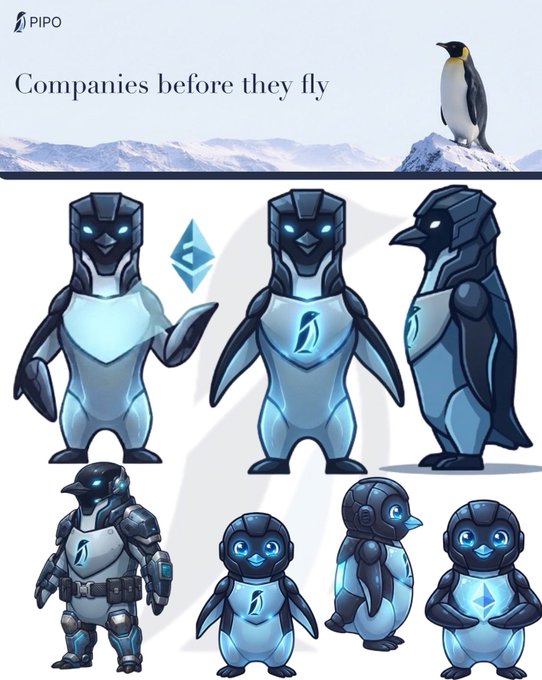 A digital art piece titled 'Companies before they fly' by PIPO shows the evolution of a penguin character transforming into futuristic armored penguin-humanoids, set against a snowy mountain backdrop.