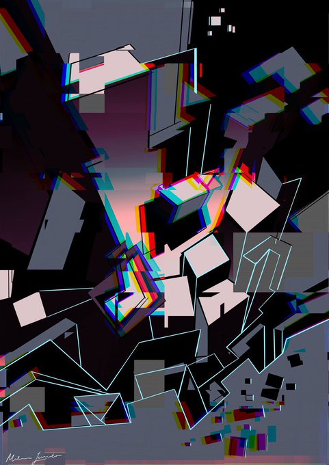 An abstract digital artwork featuring fragmented geometric shapes and glitch-like effects with chromatic aberration in red, green, and blue tones against a dark background.