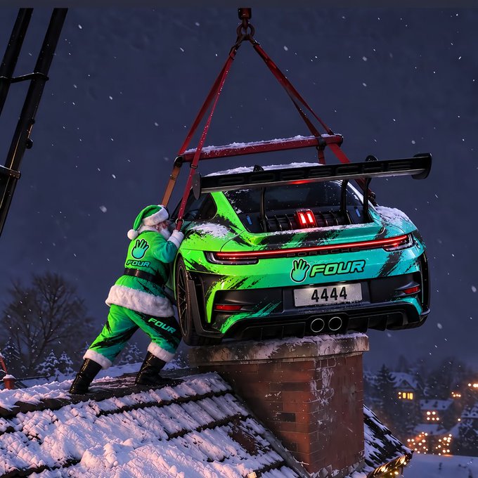 A person dressed in a green Grinch-style Santa outfit is seen guiding a green and blue patterned Porsche with the number '4444' as it is hoisted by a crane onto a snowy rooftop.