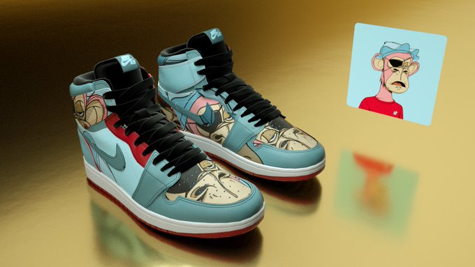 The image features a pair of sneakers with cartoon-like designs, including a face drawn on them. The sneakers are blue and red in color, and they appear to be new or recently purchased. They are placed next to each other, with one shoe positioned slightly ahead of the other. In the background, there is an image of a person wearing sunglasses, which adds to the overall artistic and creative vibe of the scene.