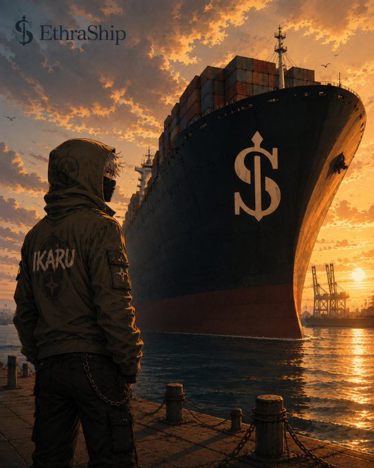 An anime-style illustration of a hooded figure looking out at a massive cargo ship marked with a dollar sign logo at sunset, with the text 'S EthraShip' visible in the corner.
