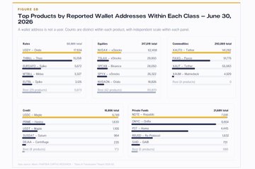 A data table titled 'Top Products by Reported Wallet Addresses Within Each Class – June 30, 2026' showing rankings across USD, Equities, Commodities, and Private Funds categories.