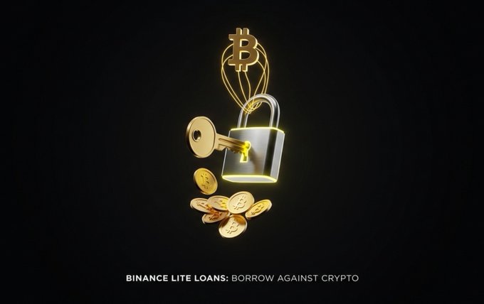 A golden Bitcoin symbol attached to a metallic padlock with a key floats above scattered gold coins against a black background, visually representing crypto-backed borrowing. The text at the bottom reads "BINANCE LITE LOANS: BORROW AGAINST CRYPTO," reinforcing the post's message about using crypto holdings as collateral for liquidity without selling assets.