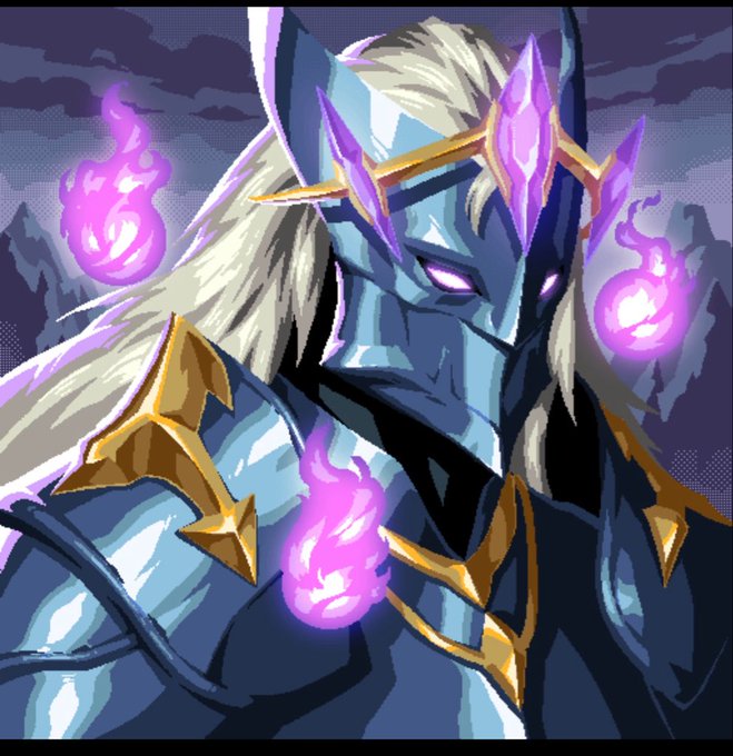 A pixel art character portrait of a blue-skinned figure with horns, white hair, golden armor, and purple glowing eyes/flames, set against a dark mountain background.