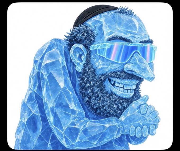 A smiling man with a beard is depicted entirely out of blue ice crystals, wearing reflective blue sunglasses and a black cap. The image humorously relates to the post "Shill me a coin that will make me happy" by portraying someone who is literally "frozen" with joy, suggesting an ice or cold-themed cryptocurrency as the source of happiness.