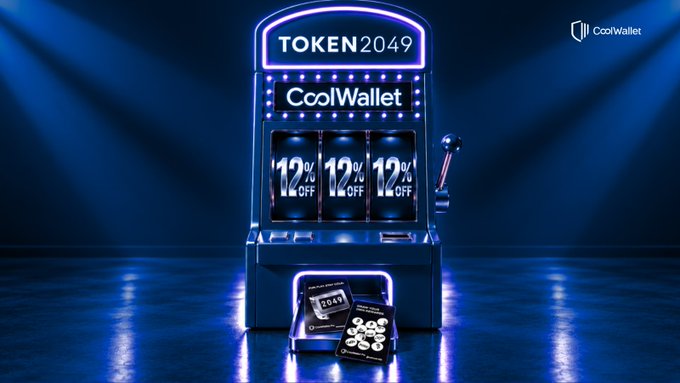 A promotional graphic for CoolWallet at TOKEN2049, featuring a slot machine displaying '12% OFF' on three reels alongside CoolWallet branded cards.