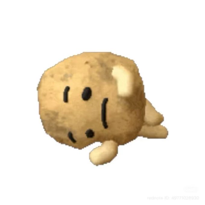A cute plush potato toy with simple stitched facial features lying on a white background, with rednote ID: 497710288630 visible in the corner.