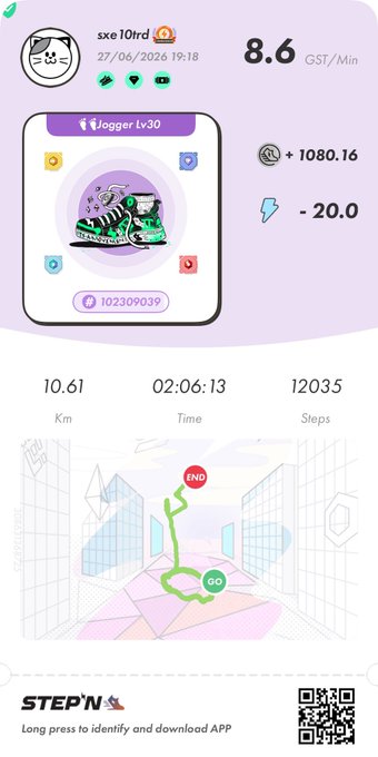 The image is a STEPN app screenshot showing a sneaker NFT (Vlogger Lv30) with 8.6 GST/Min earnings (+1080.16, -20.0 tax), and a green walking route map confirming 10.61 Km in 02:06:13 with 12035 steps—matching the post's achievement of completing a 42Km walk and displaying the activation code 68981971.