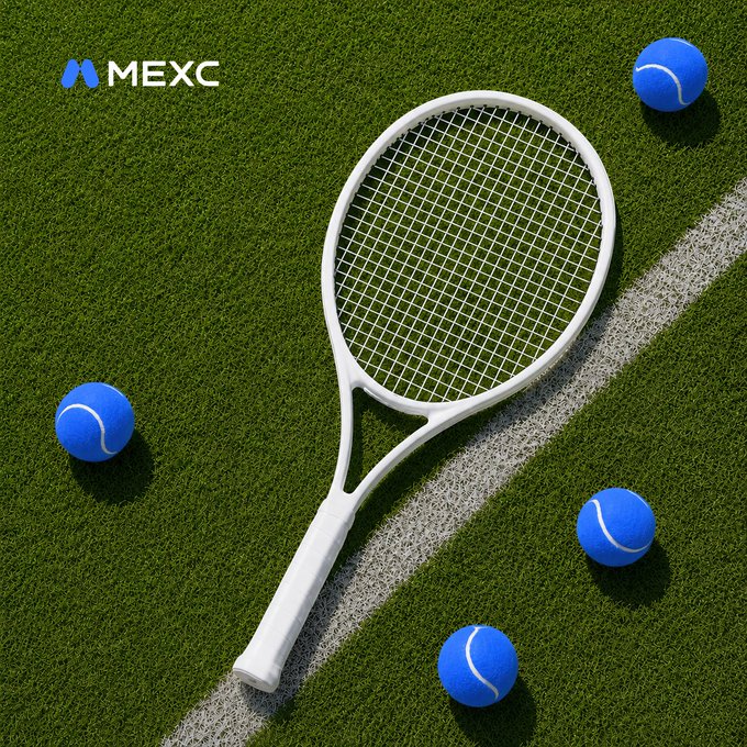 A white tennis racket rests on a green court alongside four blue tennis balls, with the "MEXC" logo visible in the top left corner. The image cleverly uses tennis imagery to parallel the post's message about trading fees, suggesting that just as unforced errors cost points in tennis, trading fees eat into profits—and MEXC offers a way to avoid those "unforced errors" with zero fees.