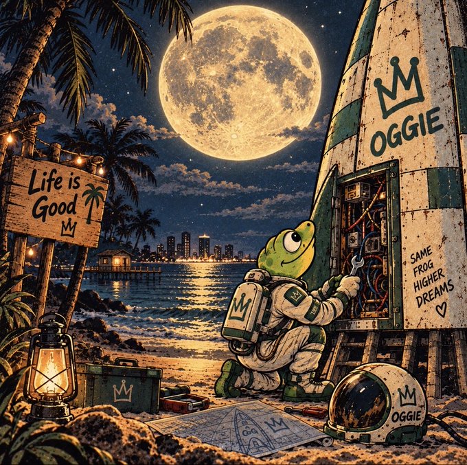An illustrated scene shows a frog in a spacesuit working on machinery on a beach at night, with 'OGGIE' branding and signs reading 'Life is Good' and 'SAME FROG HIGHER DREAMS'.