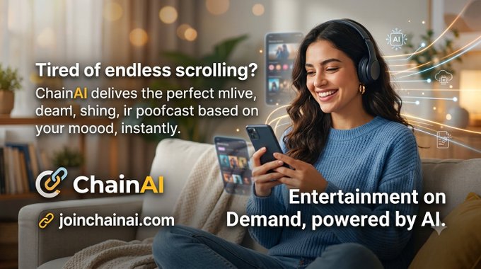 An advertisement for ChainAI promoting AI-powered entertainment, featuring a smiling woman wearing headphones and looking at her phone, with the text 'Tired of endless scrolling?' and 'Entertainment on Demand, powered by AI.'