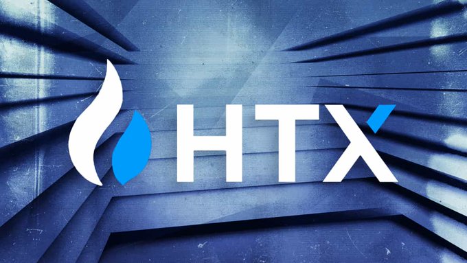 The HTX logo featuring a stylized white and blue flame icon next to white text on a blue metallic background.