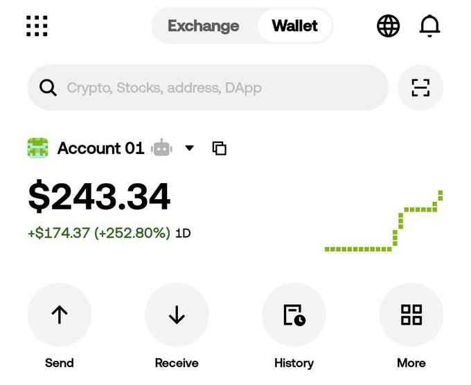 This image shows a cryptocurrency wallet interface displaying an account balance of $243.34, with a gain of +$174.37 (+252.80%) over 1 day, featuring tabs for "Exchange" and "Wallet," a search bar, and action buttons for Send, Receive, History, and More. 

However, this image appears to be **unrelated and potentially misleading** in the context of the accompanying post. The post is a giveaway scam asking users to share their wallet addresses publicly, which is a well-known tactic used by scammers to steal cryptocurrency. Sharing wallet addresses publicly can expose users to targeted phishing attacks, address poisoning scams, and other malicious activity. Legitimate giveaways never require participants to publicly share wallet addresses, and this image of a balance does not prove any legitimate intent or affiliation.