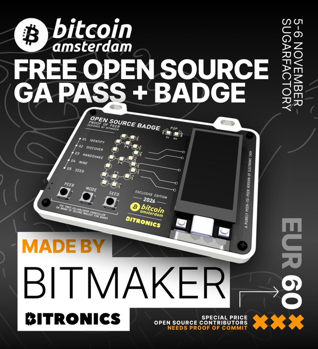 An advertisement for a 'FREE OPEN SOURCE GA PASS + BADGE' for 'bitcoin amsterdam' (5-6 NOVEMBER at SugarFactory), priced at EUR 60, featuring a 'BITMAKER' device made by BITRONICS.