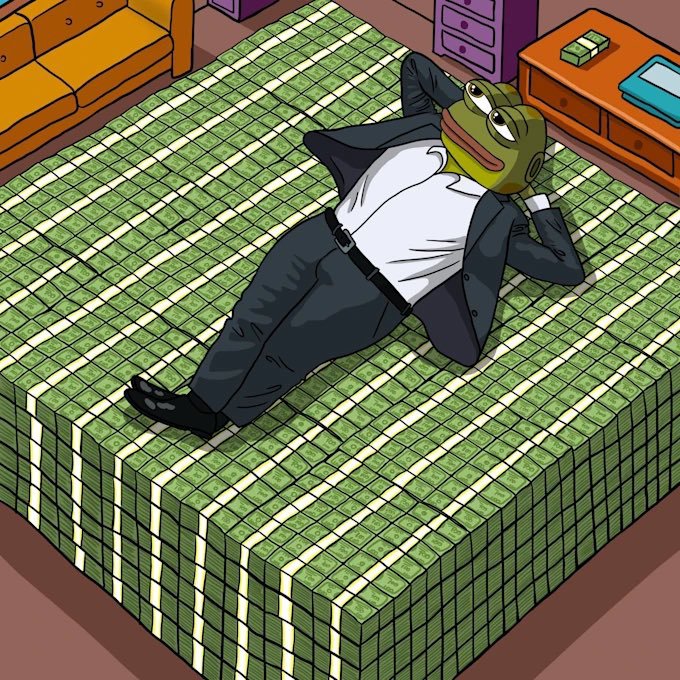 An illustration of a frog-like character in a suit reclining on a massive stack of dollar bills in an office setting.