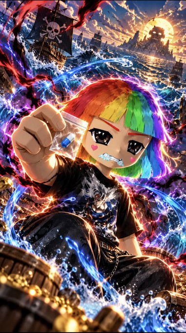 A vibrant anime-style illustration of a character with rainbow-colored hair holding a glowing blue pill, surrounded by dark pirate ships, ocean waves, and swirling blue and red energy.