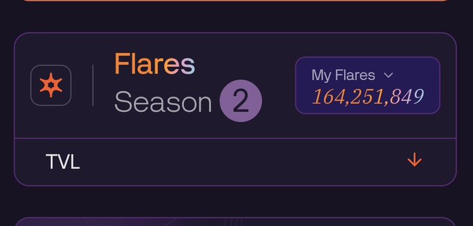 The image displays a dashboard for "Flares Season 2" showing a My Flares balance of 164,251,849, illustrating the poster's point about earning 164M Flare tokens through approximately nine days of farming after burning $102.