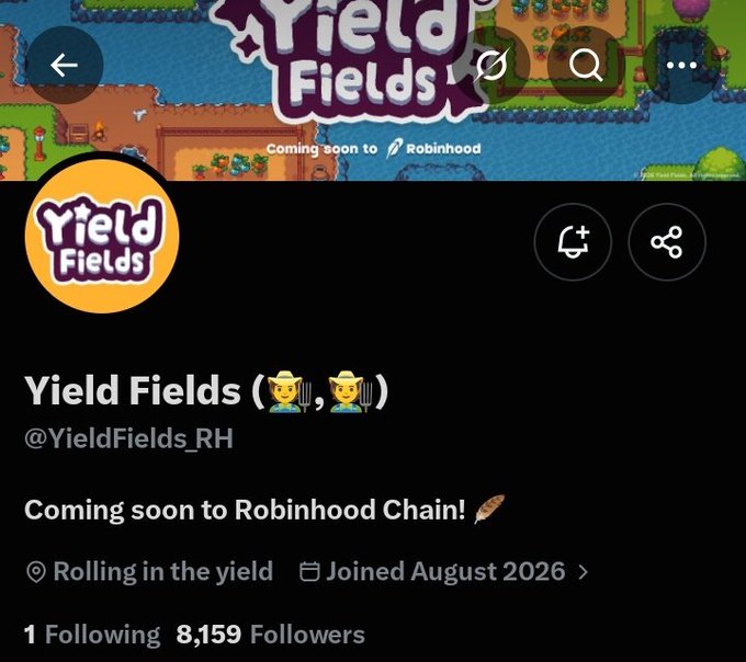 A Twitter/X profile page for "Yield Fields" (@YieldFields_RH) showing the account has 8,159 followers, joined August 2026, and is "Coming soon to Robinhood Chain!" The pixel-art farming aesthetic and upcoming Robinhood Chain launch align with the post's discussion of the project's credibility through Skarly's NFT track record on Abstract.