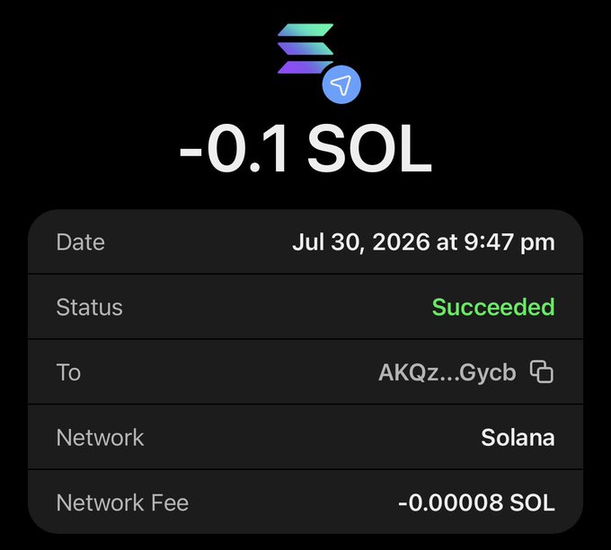 A Solana transaction confirmation showing a successful transfer of -0.1 SOL (with a -0.00008 SOL network fee) sent to address AKQz...Gycb on July 30, 2026 at 9:47 pm. The image serves as proof of the SOL wallet drop mentioned in the giveaway announcement.