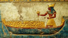 An ancient Egyptian-style painting depicts a figure in traditional clothing standing in a boat filled with golden coins or offerings.