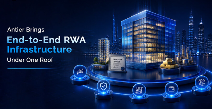 An advertisement for Antier stating 'Antier Brings End-to-End RWA Infrastructure Under One Roof,' featuring a futuristic building illustration with icons for bonds, security, data, and AI.