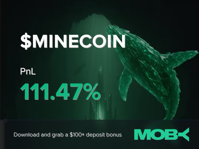 The image is a promotional graphic featuring "$MINECOIN" in bold white text alongside a green "PnL 111.47%" gain, with a stylized whale silhouette against an underwater green backdrop and a Moby Mobile download banner offering a "$100+ deposit bonus." It visually celebrates the trader's profitable $MINECOIN close, aligning with the post's win alert highlighting the token's surge from $63.26K to $314.64K market cap.