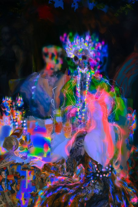 An abstract, glitch-style digital artwork with vibrant, neon colors, distorted figures, and chaotic pixel patterns.