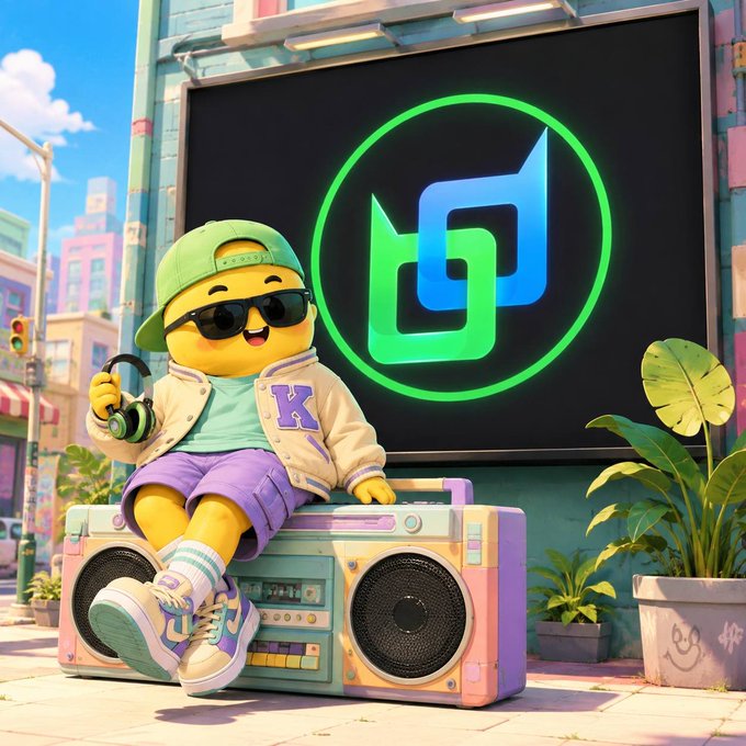 A vibrant 3D-style rendering features a cheerful yellow character wearing a green cap, sunglasses, and a varsity jacket with a purple "K" sitting on a pastel boombox, with a glowing green and blue "JS" logo displayed on a large screen behind them.
