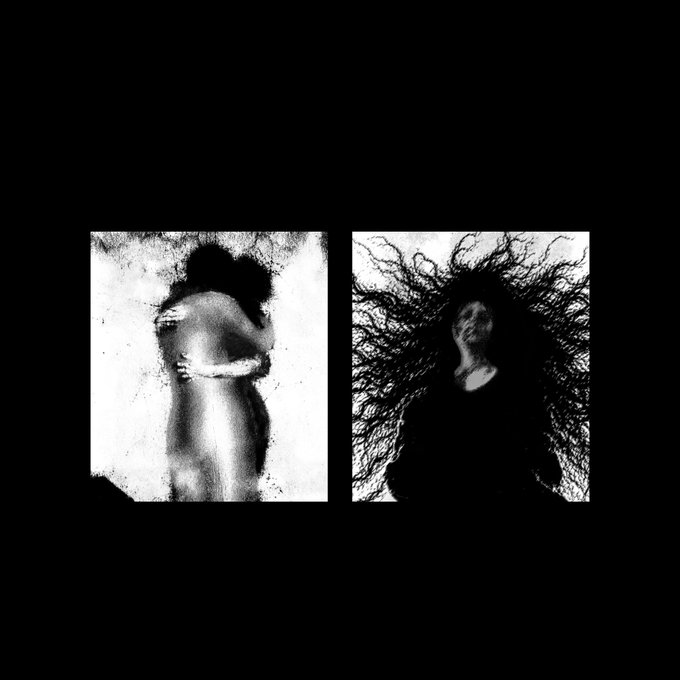 Two black-and-white, grainy artistic photographs are displayed side by side: the left shows two nude figures embracing in shadow, while the right depicts a figure with wild, sprawling hair against a light background.